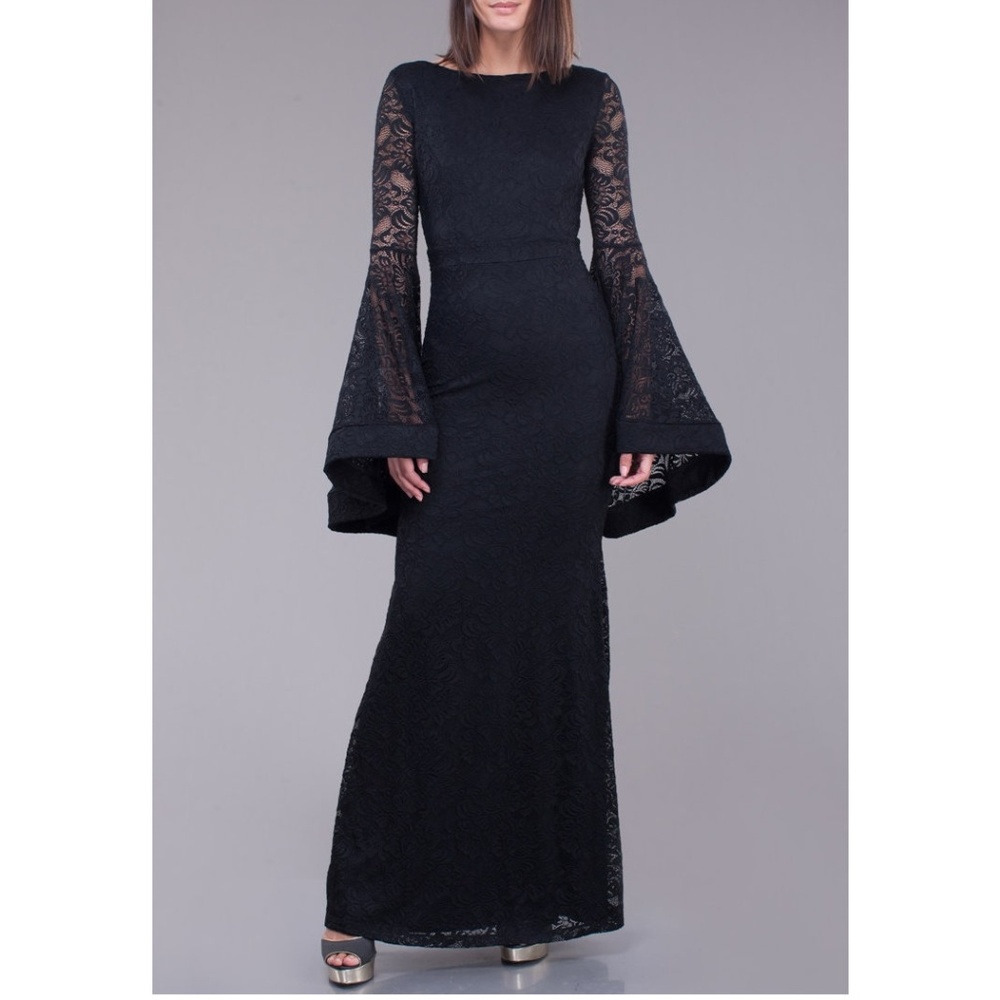 Black Crochet Lace Wide Bell Sleeve Maxi Dress Cocktail Evening Long Dress